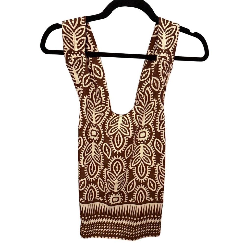 Rose + Olive Getaway Brown Tribal Print Smocked Halter Top Summer Island XL NEW